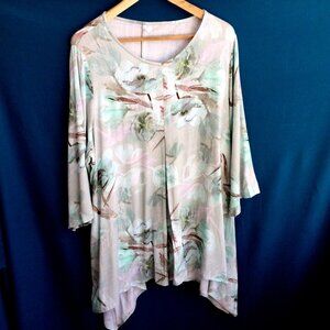 Blue Sky Clothing Co. Tunic XL Linen Bamboo Lagenlook Floral Green